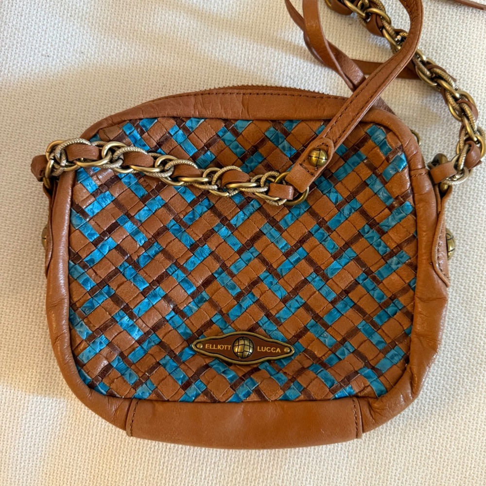 Elliott Lucca Brown Blue Weave Leather Crossbody Purse Bag brass gold chain zip - Picture 5 of 11